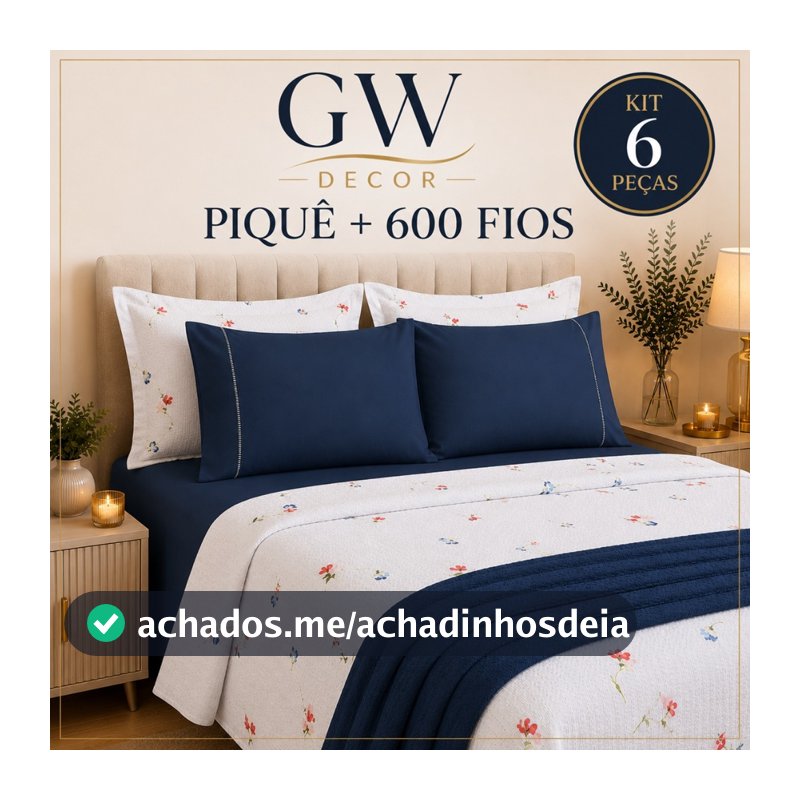 Kit 6 Peças Piquê + 600 Fios Jogo de Cama Macio e Sofisticado Casal Queen e King