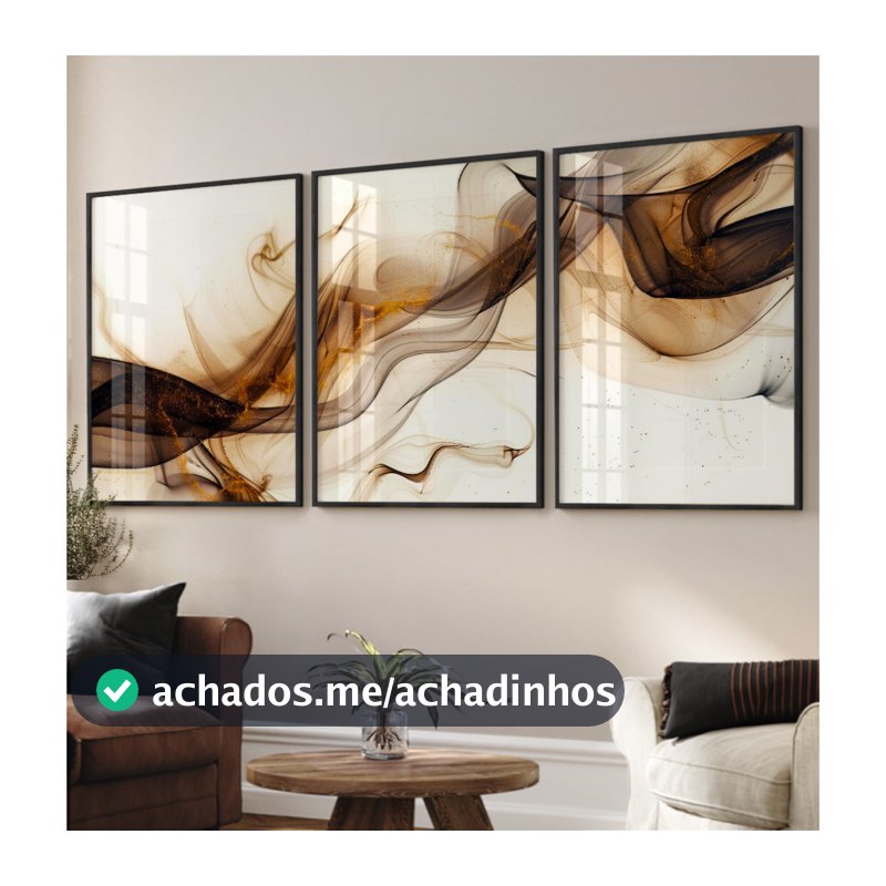 Quadro Decorativo Sala Trio de Quadros Decorativos Quadro Abstrato Para Sala Marrom Dourado Fumaça