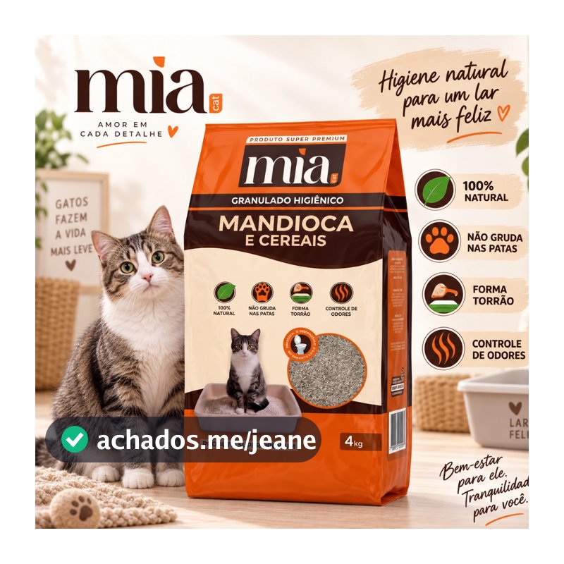 Areia Higienica Biodegradavel Mia Cat Gato Granulado 4kg Torrão Sem Odor Cereal Mandioca