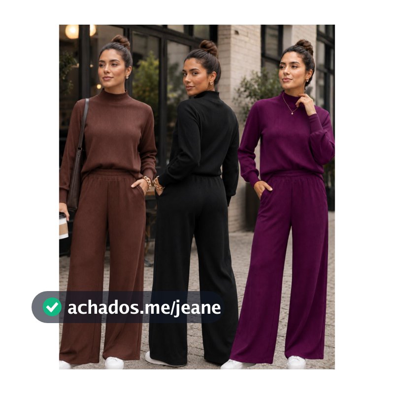 Conjunto de Frio Feminino Moletinho Canelado Pantalona Gola Alta Manga Longa Elegante