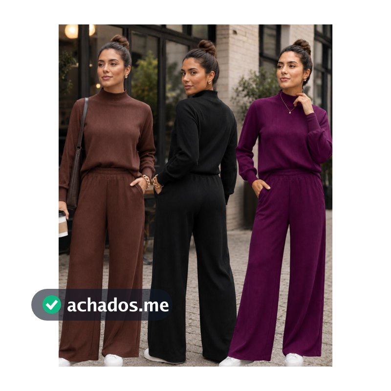 Conjunto de Frio Feminino Moletinho Canelado Pantalona Gola Alta Manga Longa Elegante