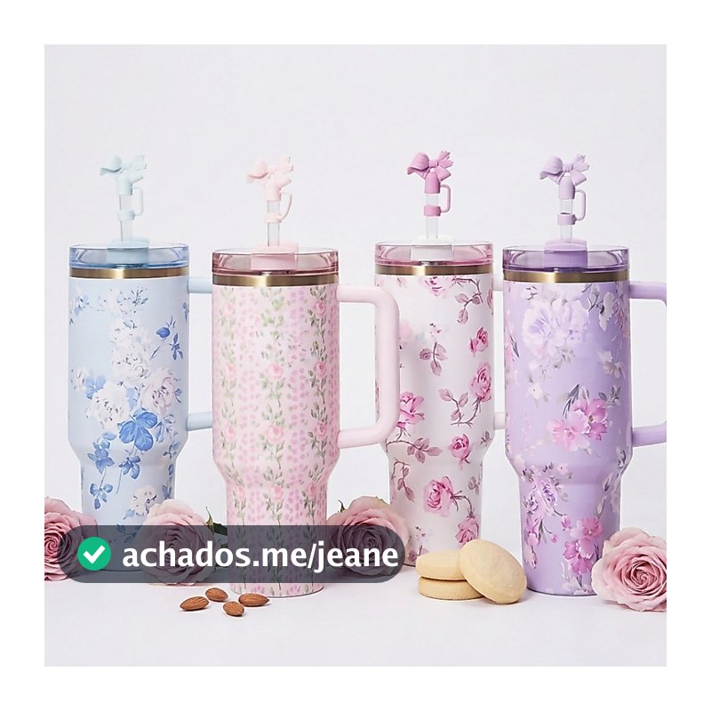 Copo Garrafa Térmica Inox 1200ml Estampa Floral Com Canudo E Alça
