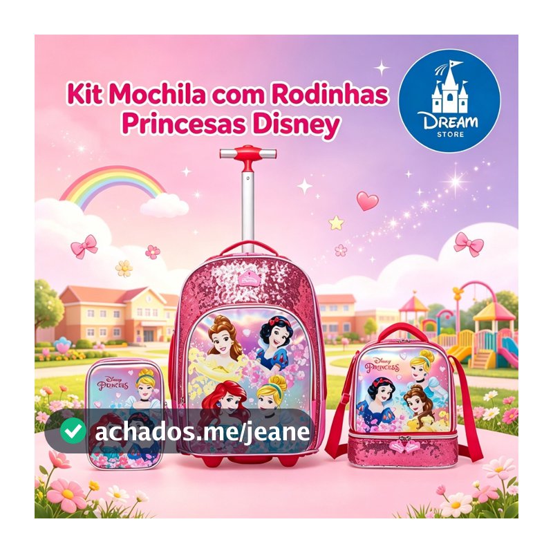 Kit Mochila de Rodinhas Princesas Escolar Infantil Menina Disney