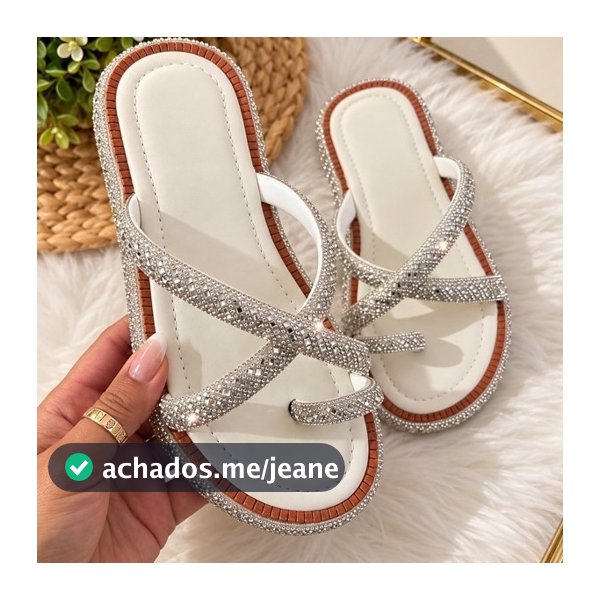 Sandália Feminina Rasteirinha Luxo com Strass Brilho Confortável Casual Branco