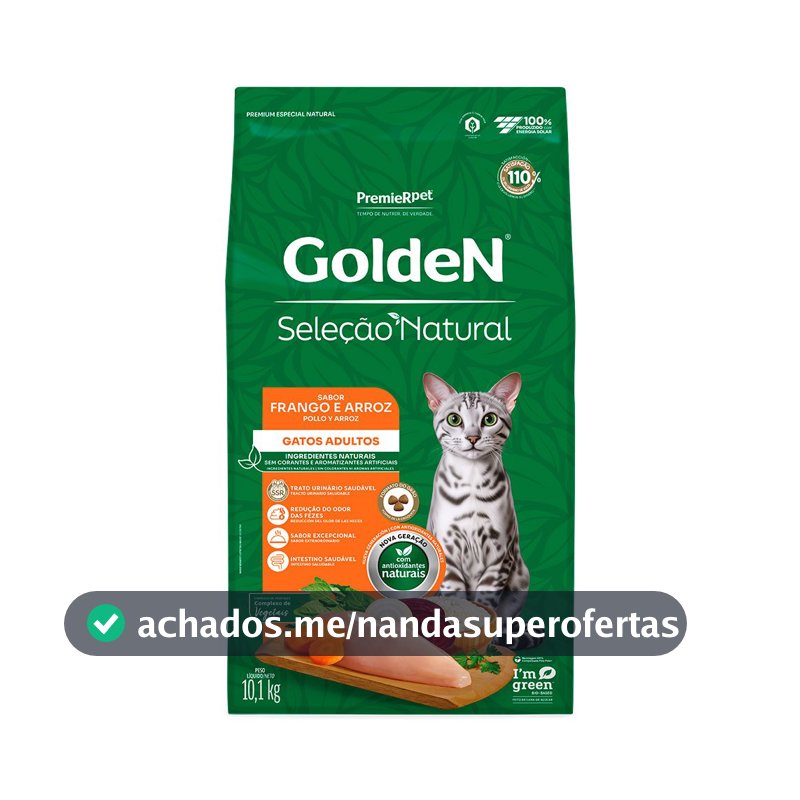 Ração Golden Seleção Natural Gatos Adultos Frango e Arroz 10,1kg