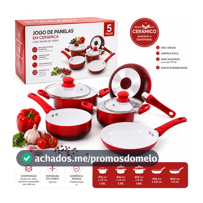 Kit Jogo Panelas Em Cerâmica Tampa De Vidro Frigideira 5 Pçs