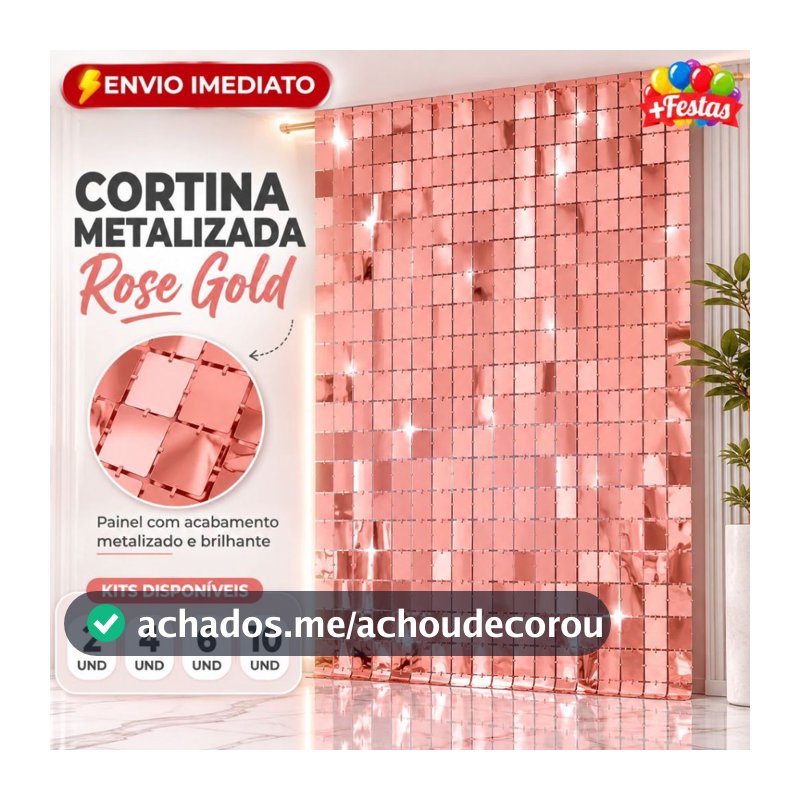 Kit 2/4/6/10 Cortinas Metalizada Quadrada Painel decoração Rose Gold Festa Eventos