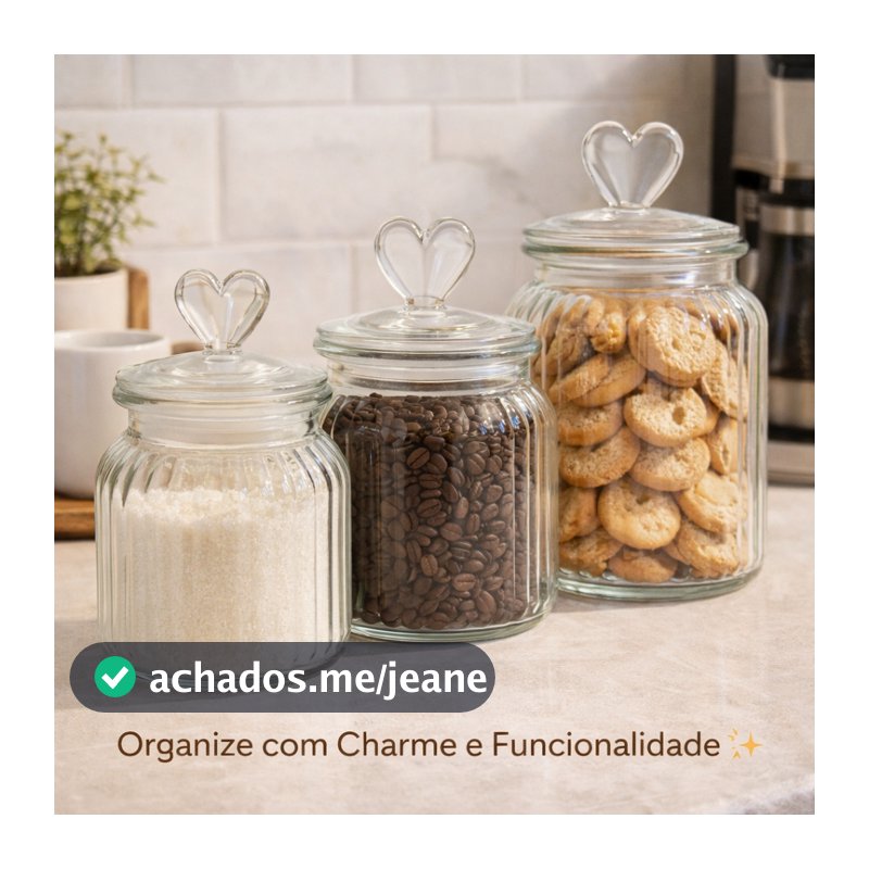 Pote de Vidro Hermético Com Tampa De Coração – Organize Com Amor