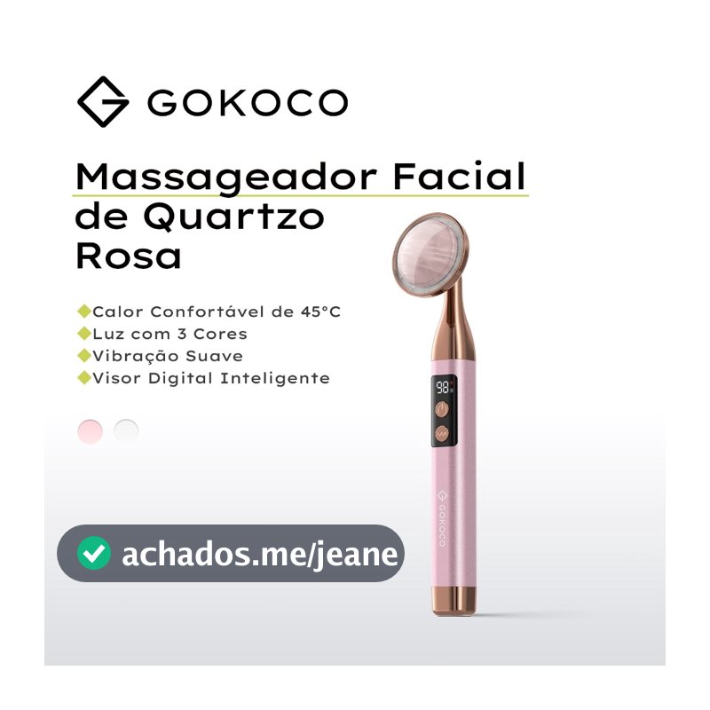 GOKOCO Massageador Facial Elétrico Quartzo Rosa com 3 Cores LED, Vibração, Aquecimento 45°C e Display Digital