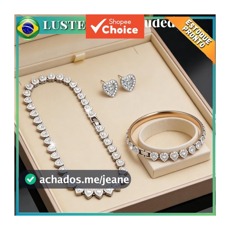 Conjunto de joias de corrente em aço inoxidável em formato de coração cubano - colar + pulseira + brincos -