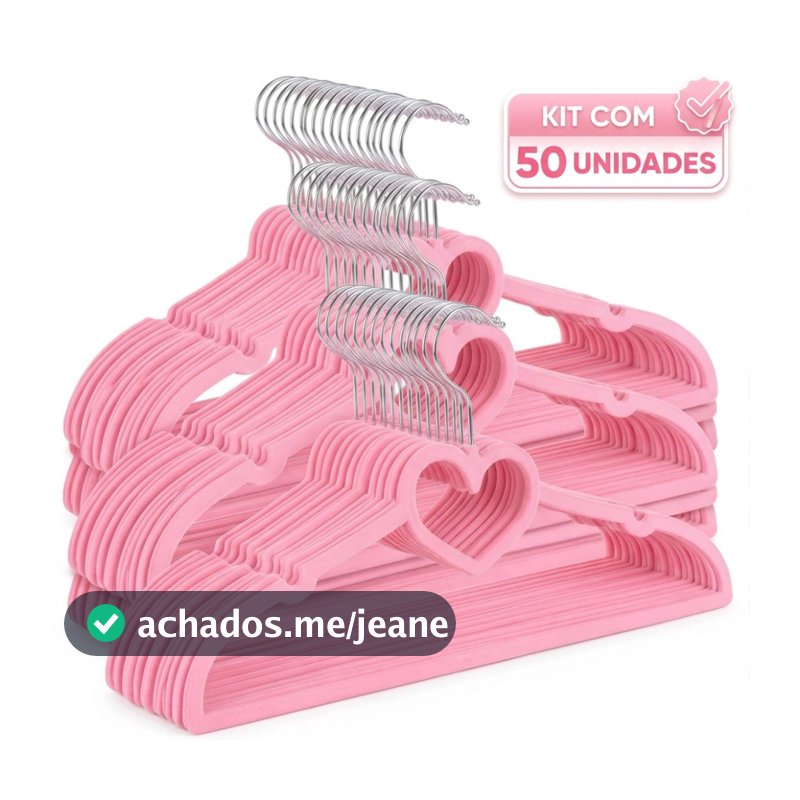Kit 50 Cabide Infantil Veludo Slim Antideslizante Ultra Fino - Rosa Coração