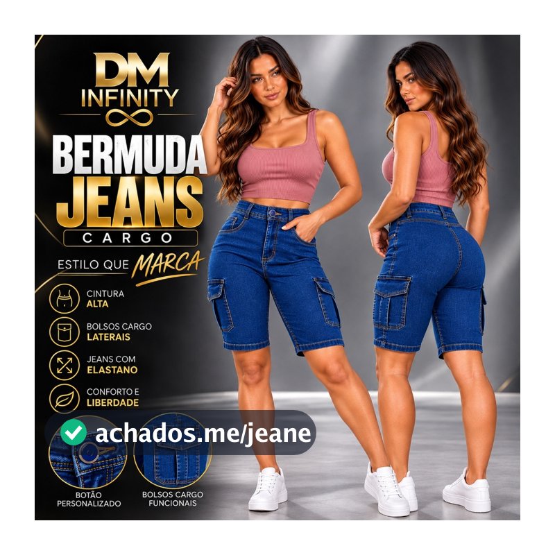 Bermuda Shorts Jeans Feminina Cargo Cintura Alta com Elastano e Bolsos Laterais Botão Personalizado e Cós Alto