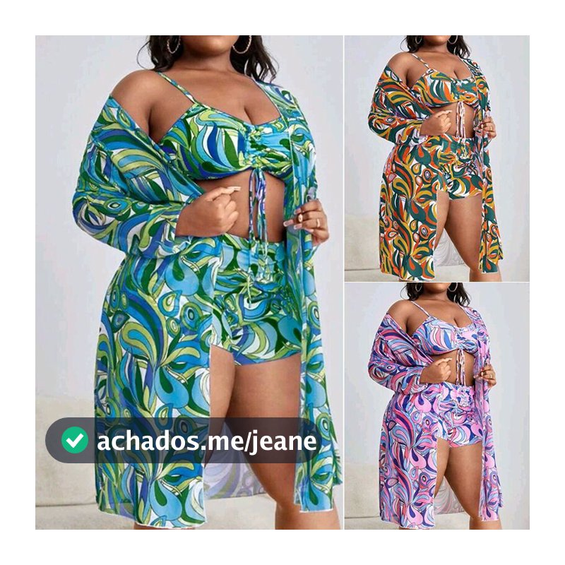 Fato de banho de tamanho grande Fato de banho feminino Split Biquíni de três peças Sexy Esposa Gorda Impresso na Praia