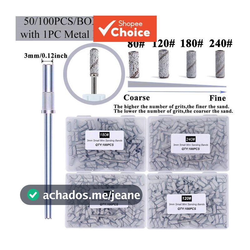 Kit-50/100 Peças Mini Bandas de Lixa para Unhas com 1 Peça de Broca de Metal, Ideal para Manicure e Pedicure, Inclui