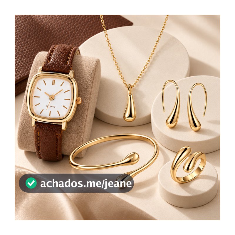 Conjunto Feminino 5 Peças Relógio Colar Brincos Pulseira Anel Dourado