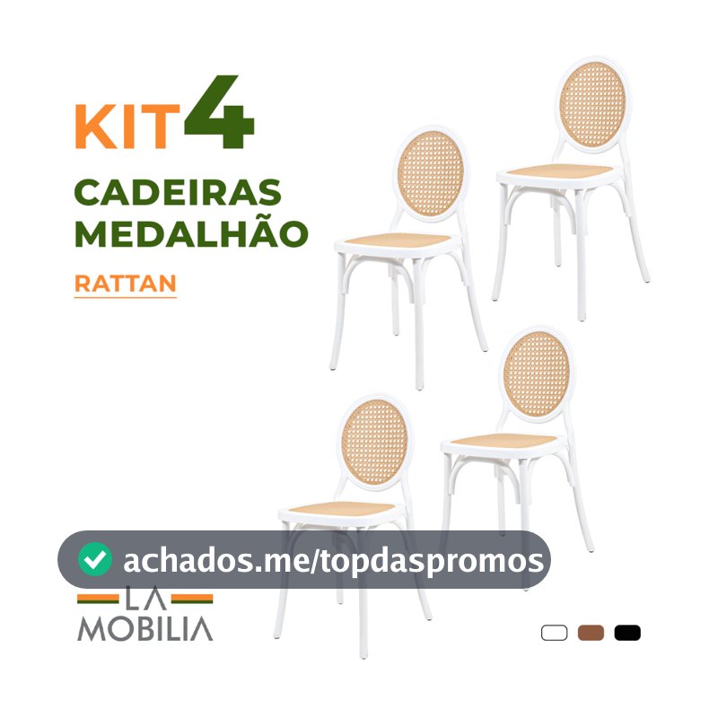 Kit 4 Cadeiras Medalhão Assento Rattan Polipropileno Jardim Varanda Área Externa e Interna Sala de Jantar