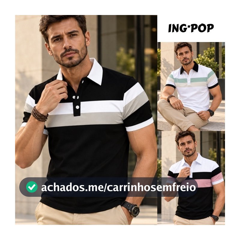 Camisa Gola Polo Casual Masculina Manga Curta Camiseta Blusa Qualidade Blocos de Cor Premium