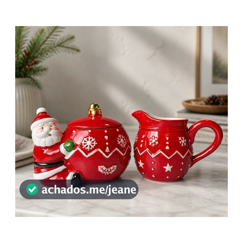 Kit 2 Peças De Natal Açucareiro + Mini Leiteira de Porcelana Papai Noel