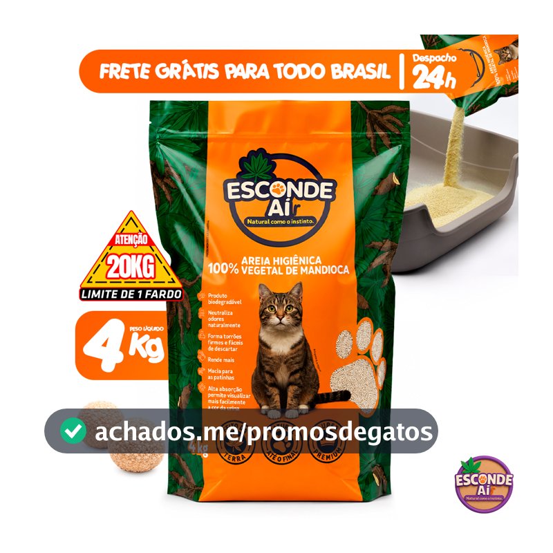 Areia Higiênica de Mandioca Biodegradável Esconde Aí 4KG a 16KG Granulado Sanitário de Gato Natural