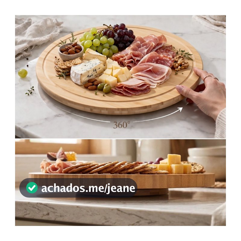 Petisqueira Giratória Bambu Tábua Frios Bandeja Petiscos Mesa Posta Café da Manhã 360 Decoração