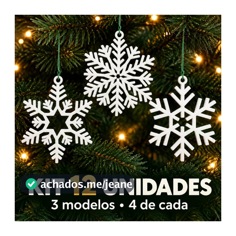 Kit 12 Flocos de Neve Enfeite de Natal Branco Para Árvore ou Guirlanda de Natal 3 Modelos Ganchinhos Inclusos