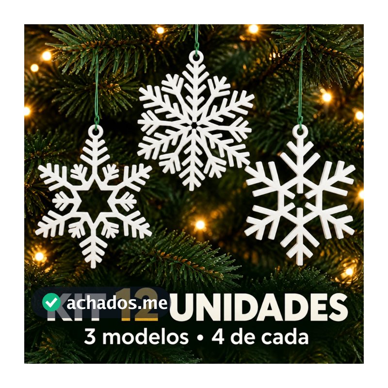 Kit 12 Flocos de Neve Enfeite de Natal Branco Para Árvore ou Guirlanda de Natal 3 Modelos Ganchinhos Inclusos