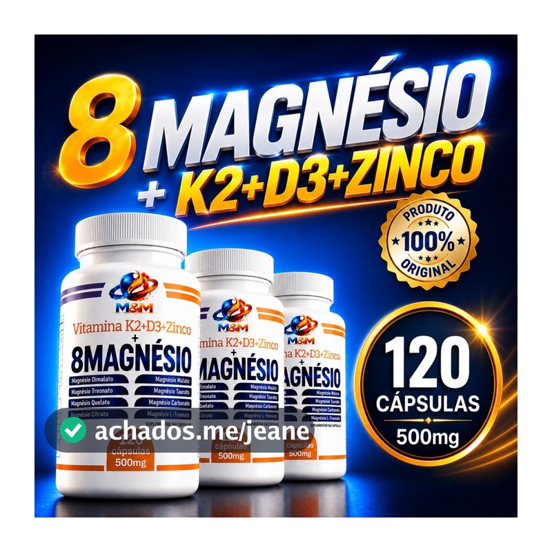 Complexo 8 MAGNESIO + Vitamina K2 D3 ZINCO DIMALATO QUELATO NAC TREONATO 120 Capsulas ORIGINAL 500mg PREMIUM