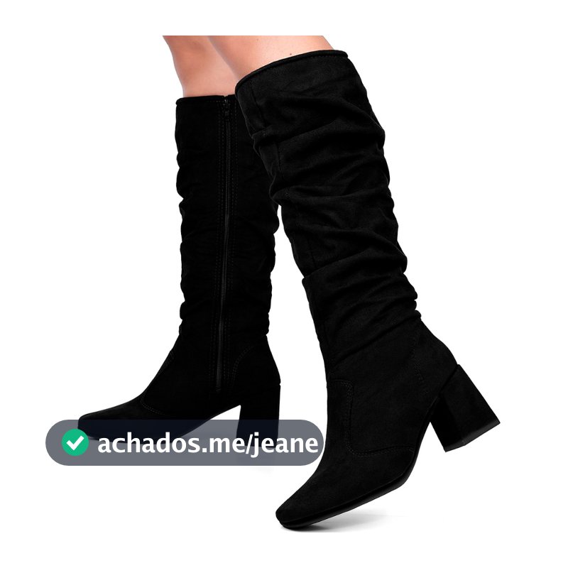 Bota Feminina Lumiss Camurça Suede Cano Alto Enrugado Salto Bloco Baixo Slouchy