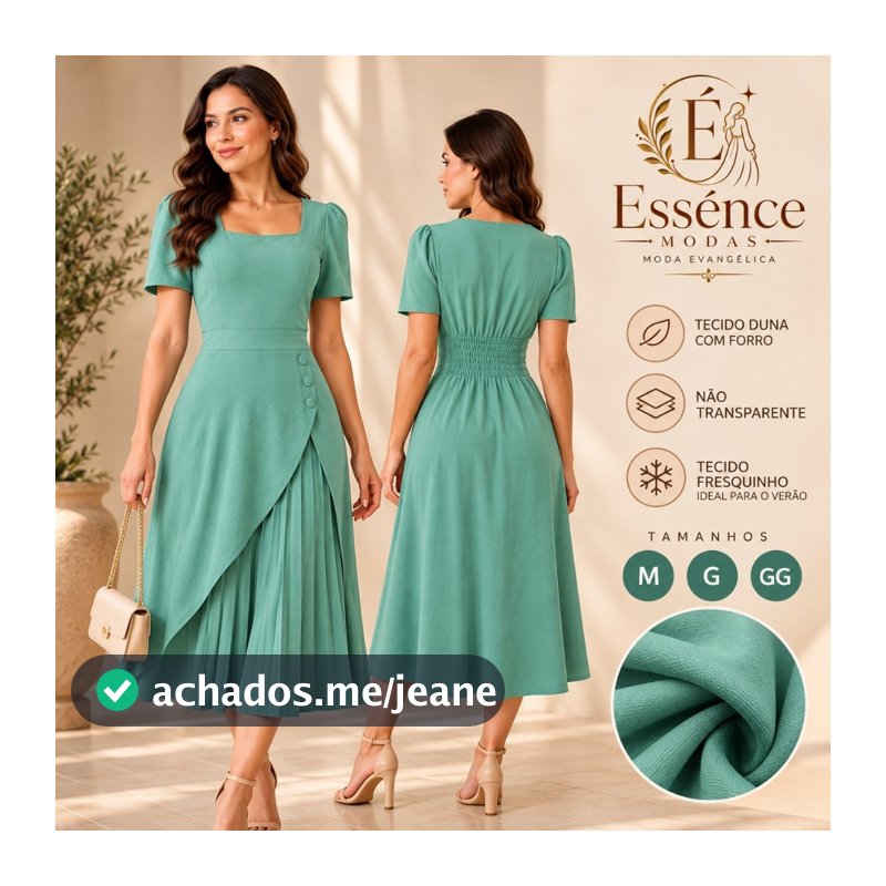 Vestido Feminino Moda Evangélica Elegante Max Midi Duna com Forro Saia Plissada Manga Bufante