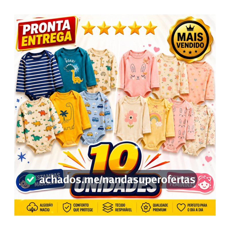 Kit 10 Peças Roupinha Enxoval de Bebê Infantil Body Manga Longa Estampado