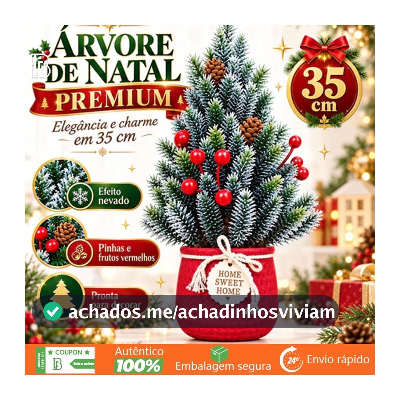 Mini Árvore de Natal Decorada 35cm com Vaso Vermelho Pinheiro Nevado Artificial Enfeite Natalino de Mesa