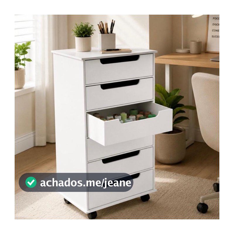 Gaveteiro MDF Branco 6 Gavetas Rodízios Organizador Escritório Home Office Arquivos Documentos Multiuso Compacto