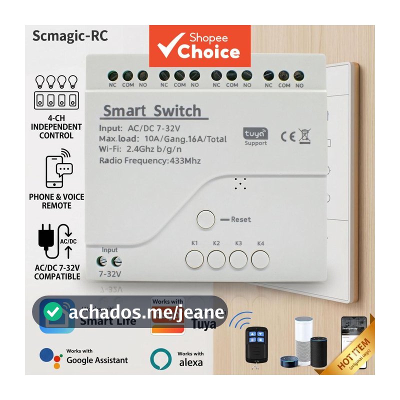Módulo de Interruptor Inteligente 4CH de Relé Tuya para Casa Inteligente AC/DC 7-32V Controle Remoto Rádio 433Mhz