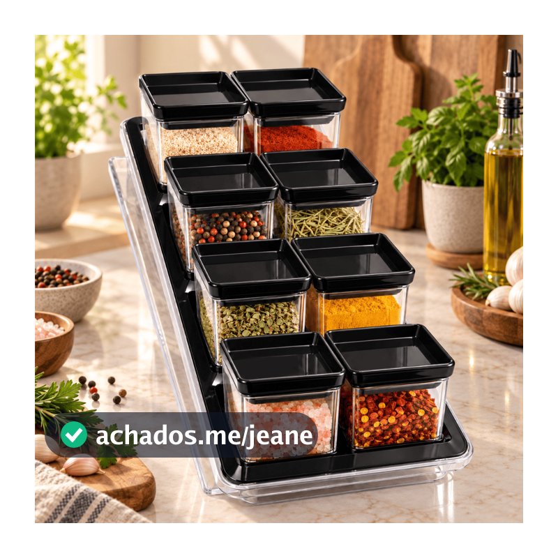 Porta Condimentos Kit 8 Unidades Potes Acrílico Base Organizadora Organizador De Temperos Cozinha Tampa Hermética