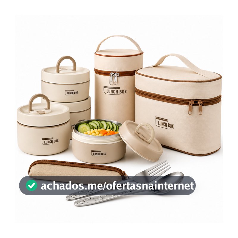 Marmita Kit Lancheira Térmica C/ 3 e 4 Pçs Aço Inoxidável C/ Bolsa Térmica Antivazamento C/ Talheres