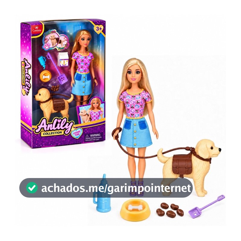 Boneca Anlily com Cachorrinho e Acessórios Pet Infantil Brinquedo Meninas Passeio e Cuidados - Castela