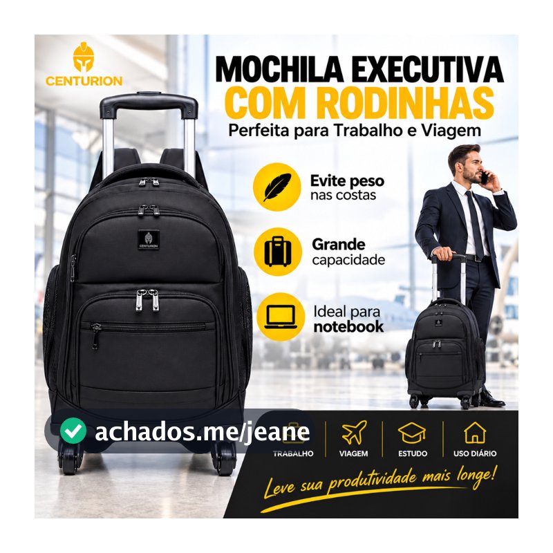 Mochila De Rodinhas 360 graus om 4 rodas Centurion Executiva para Notebook Viagem Grande Resistente Trabalho Moderna