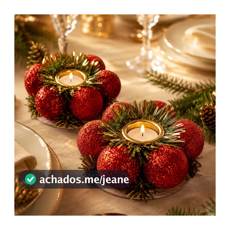 Porta Vela Natalino Castiçal Decorativo Mesa Aparador jantar Kit 2 Unidades Vermelho glitter