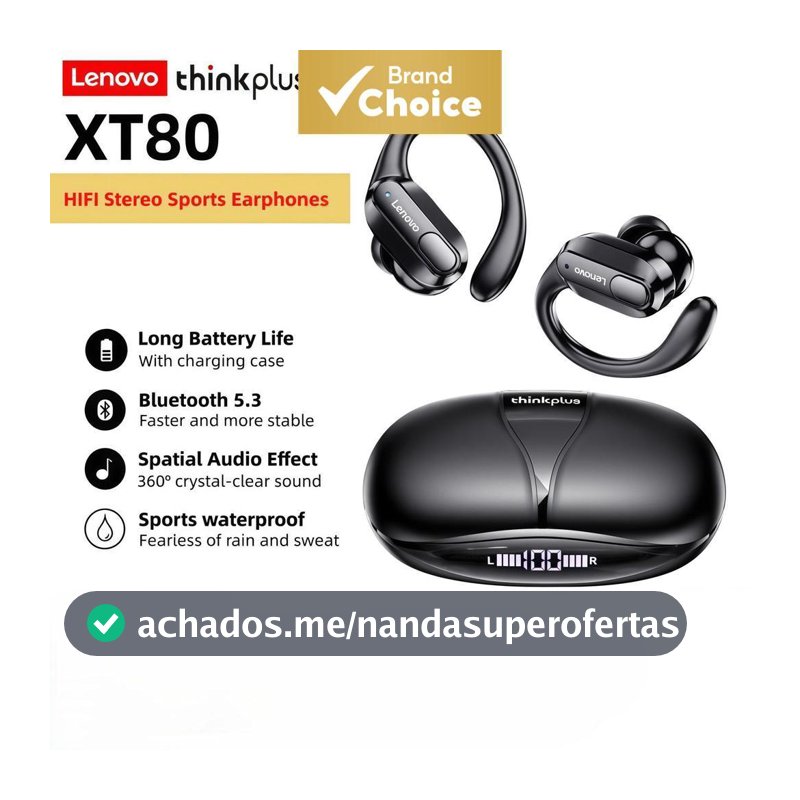 Fones de ouvido Lenovo XT80 com microfones, som estéreo HiFi, esportivos sem fio, visor de energia LED, fones Bluetooth