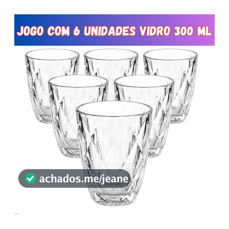 Jogo 6 Copos Baixos Diamond 300ml Vidro Grosso Diamante Luxo