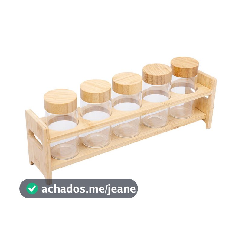 Jogo 5 Porta Temperos Vidro Borossilicato Tampa Bambu 120ml Wolff - Organizador com Suporte de Bancada