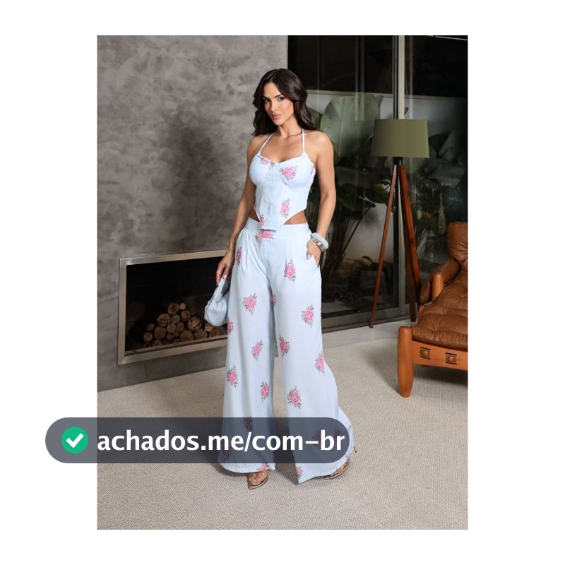 Conjunto Feminino Floral Calça Pantalona E Cropped Corset Modinha Elegante Verão