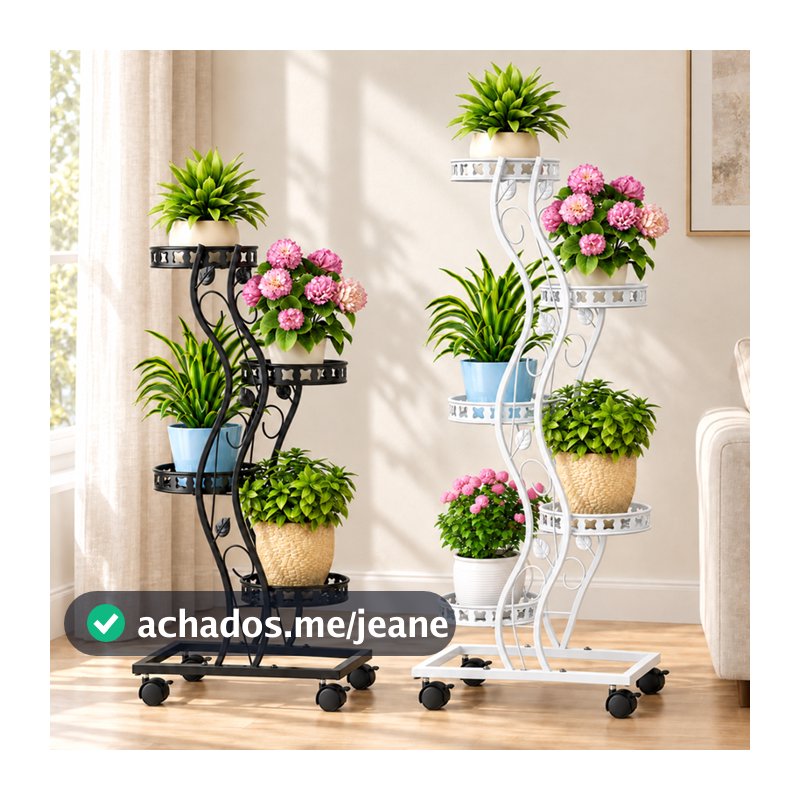 Suporte para Plantas e Vasos em S com Rodinhas e Trava Floreira de Chão Aço 4 e 5 Andares Preto Branco Silver Steel