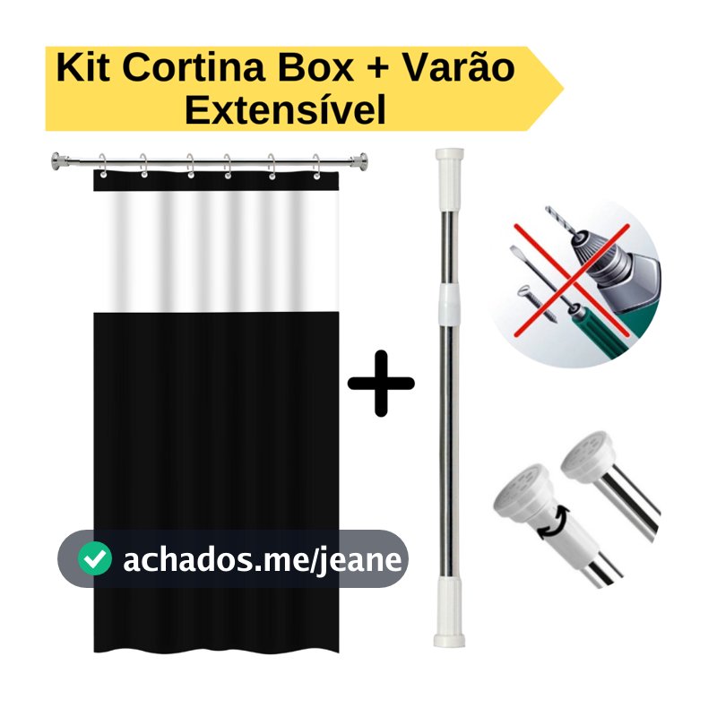 Kit Cortina Box Banheiro + Varão Suporte Extensivel Anti Mofo Com Ganchos Varias Cores