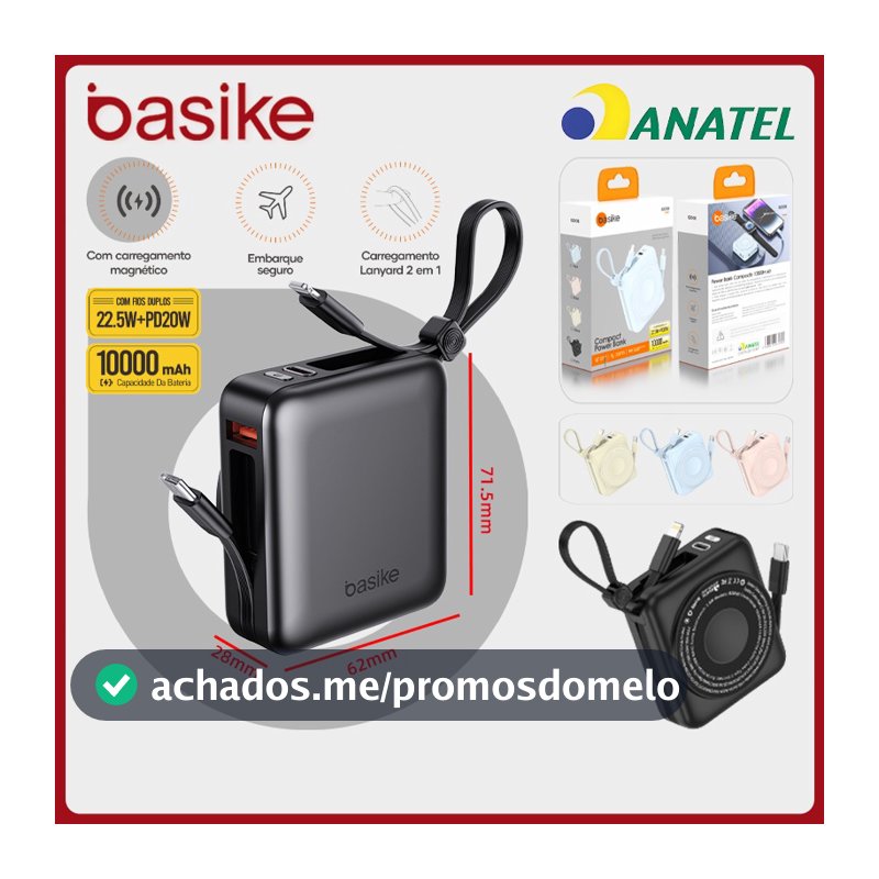 Basike Power Bank 10000mah PD 22.5 W Mini，Bateria portátil Carregamento sem fio para celulares/relógios/fones，b200b