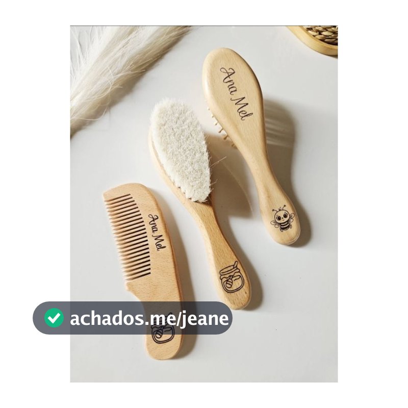 Kit higiene 3 unidades para bebê Pente e Escova de Cerdas Naturais, Personalizado Nome e Desenho,