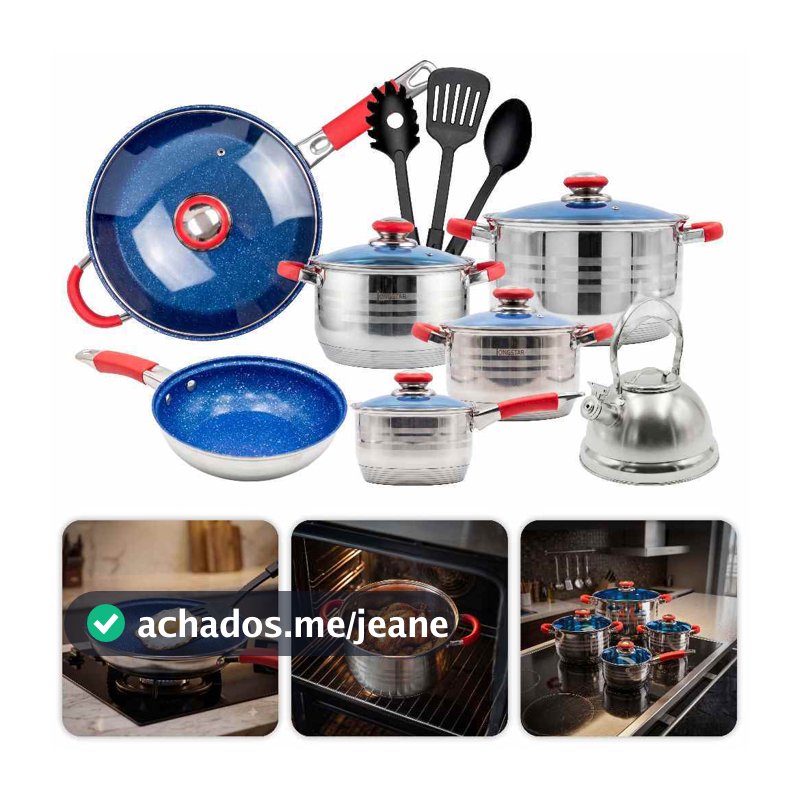 Jogo de Panelas 16 Peças Aço Inoxidável Genebra + Chaleira Utensílios Tampas de Vidro Cozinha Indução Forno