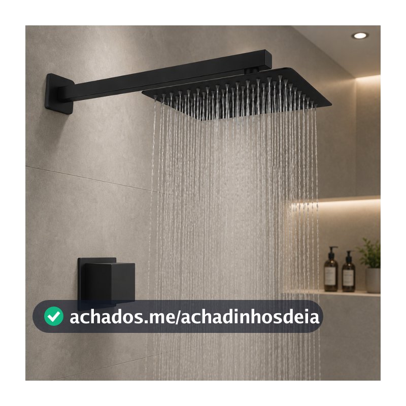 kit Chuveiro Inox Quadrado 20x20 Preto Articulado com Acabamento para Banheiro, Piscina Área Externa