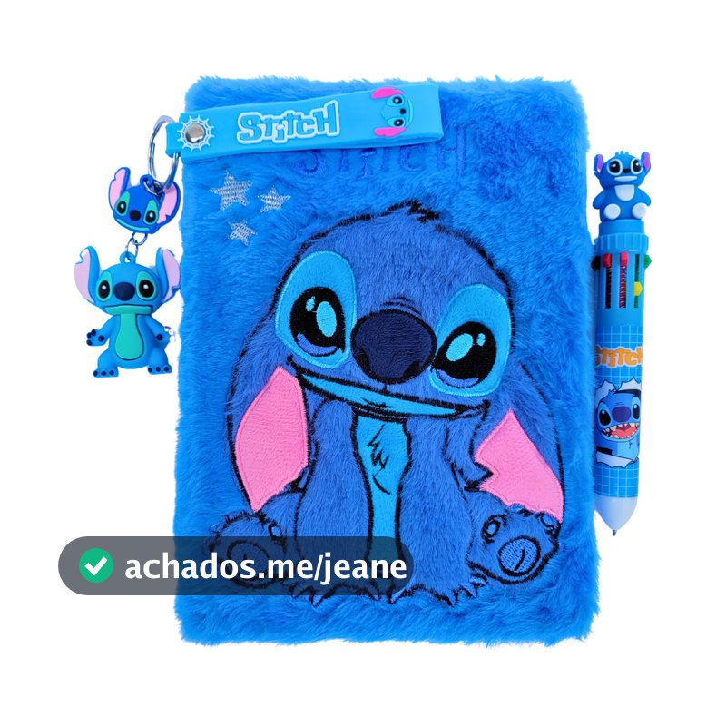 Kit Caderno Pelúcia Stitch Caneta 10 Cores E Chaveiro Promo