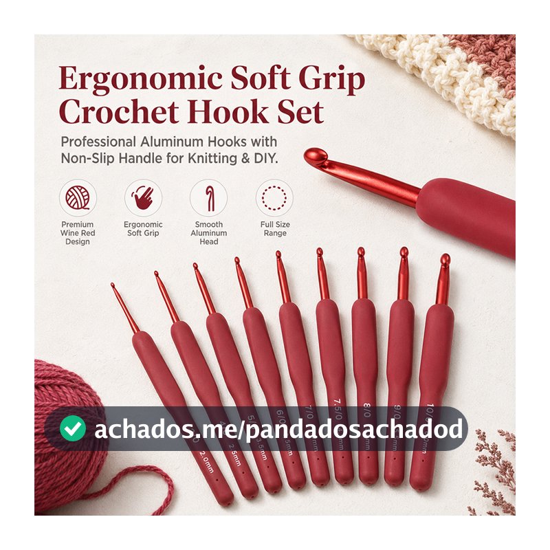 Gancho de crochê confortável punho de borracha macia cor vermelha